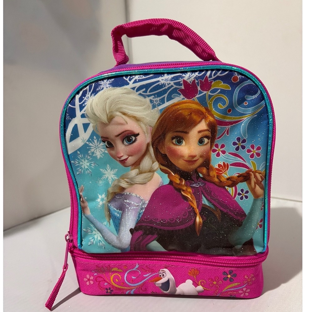 Disney Frozen Anna Elsa Insulated Lunch Bag Dual Compartment Pink Purple Glitter